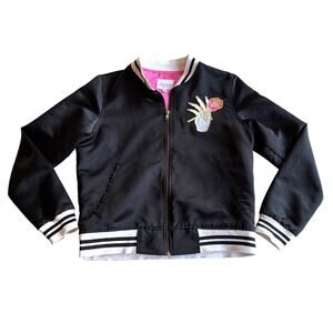 Big Bud Press‎ Stem to Stem Embroidered Roses Poly Satin Black Bomber Jacket M